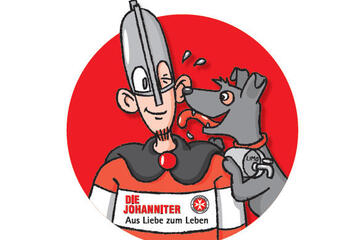 Das Johanniter-Maskotchen Jannes, gezeichnet von Illustrator Berno Hellmann.