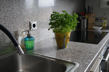 Küchenzeile mit Herd und Kräutertopf