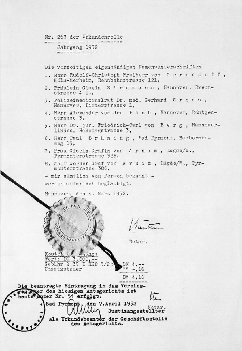 Gründungsurkunde der Johanniter-Unfall-Hilfe aus dem Jahr 1952.