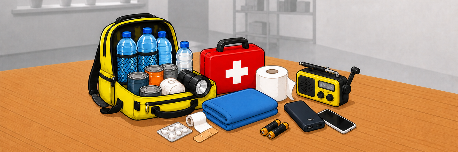 KI-generiertes Bild: Notfallvorrat auf einem Tisch: gelber Rucksack, rotes Erste‑Hilfe‑Päckchen, Wasserflaschen, Radio, Mobilgeräte und Verbandmaterial.