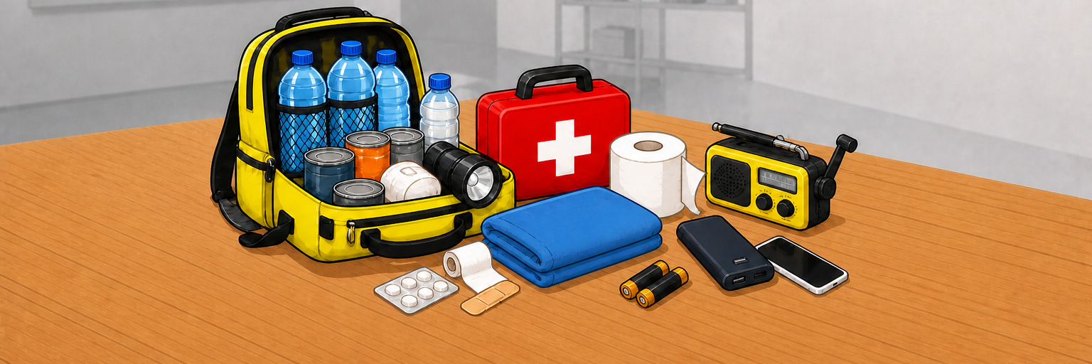 KI-generiertes Bild: Notfallvorrat auf einem Tisch: gelber Rucksack, rotes Erste‑Hilfe‑Päckchen, Wasserflaschen, Radio, Mobilgeräte und Verbandmaterial.