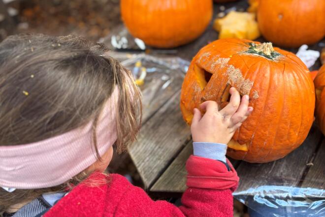 Kind beim Kürbis schnitzen